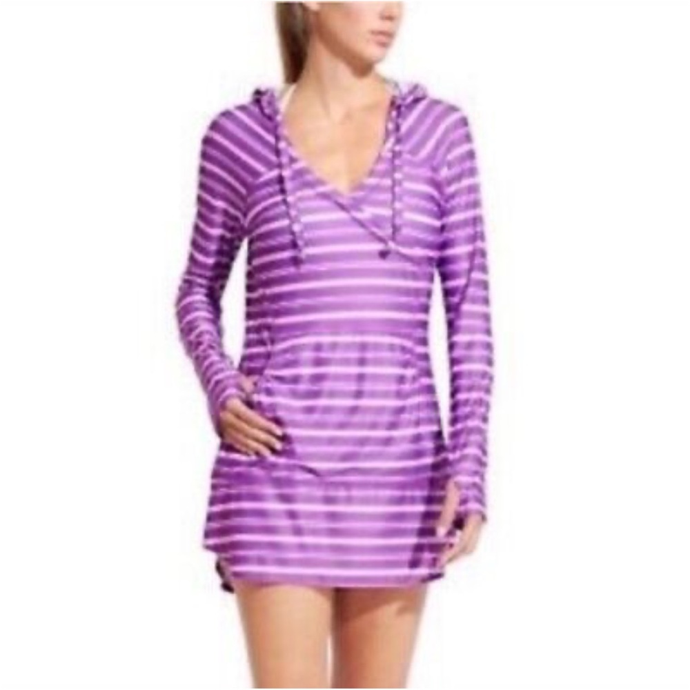 Athleta sporty Stripe wick it wader hoodie dress or cover up in jazzy purple